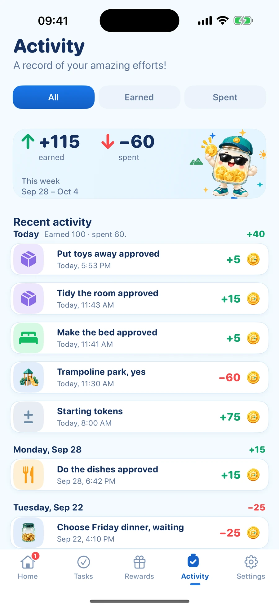 ProudJar Kids Activity screen in Adventure theme with demo data