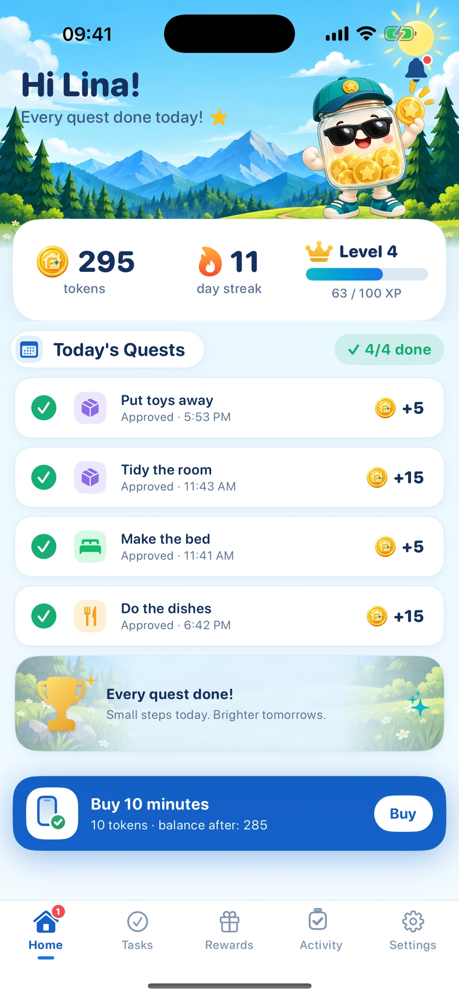 ProudJar Kids Home screen in Adventure theme with Lina's demo quests and tokens