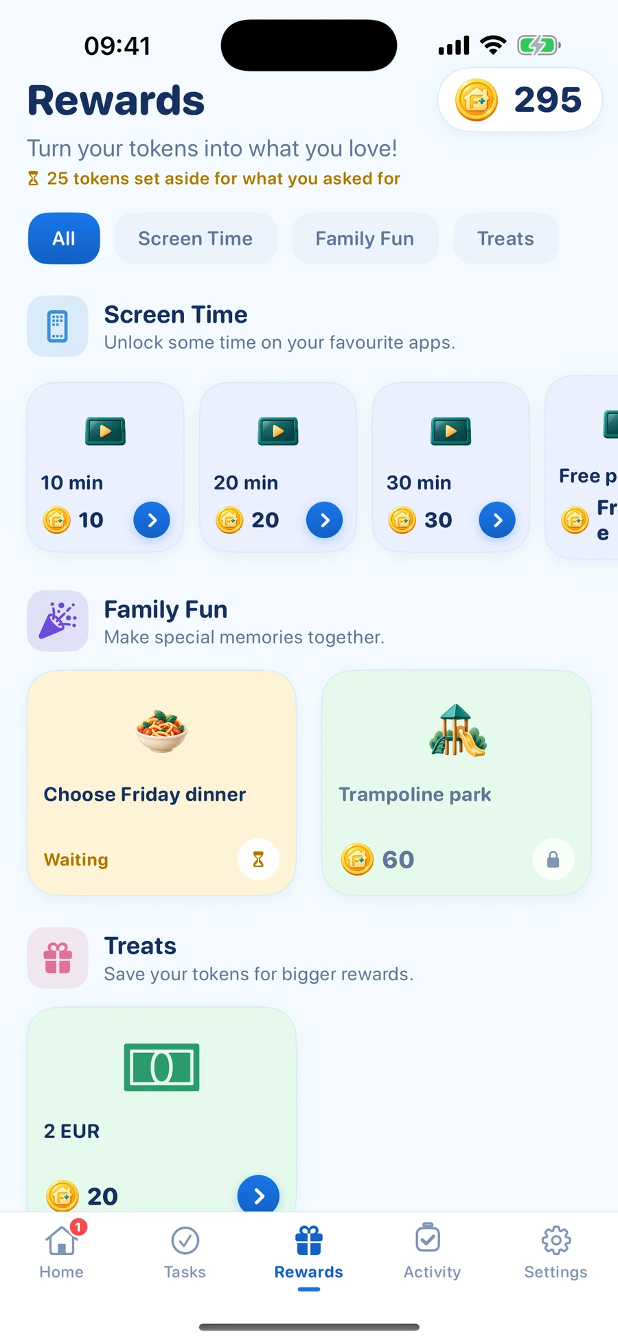 ProudJar Kids Rewards screen in Adventure theme with demo data