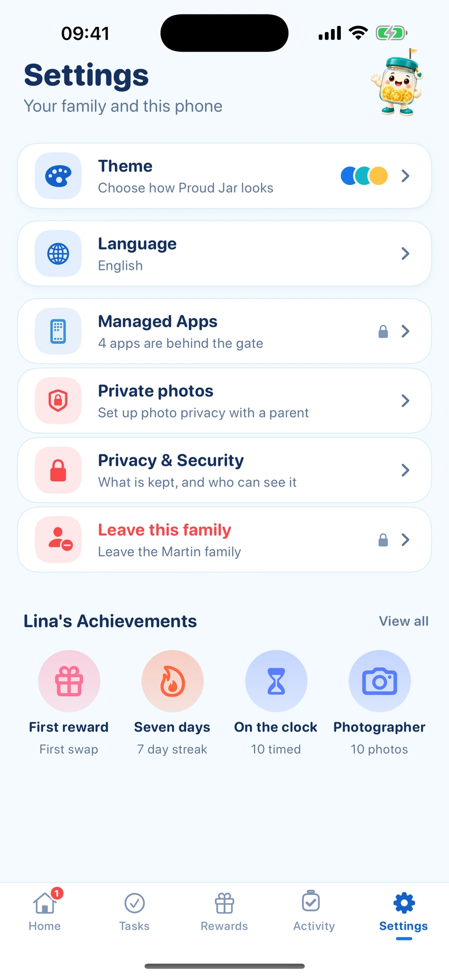ProudJar Kids Settings screen in Adventure theme with demo data