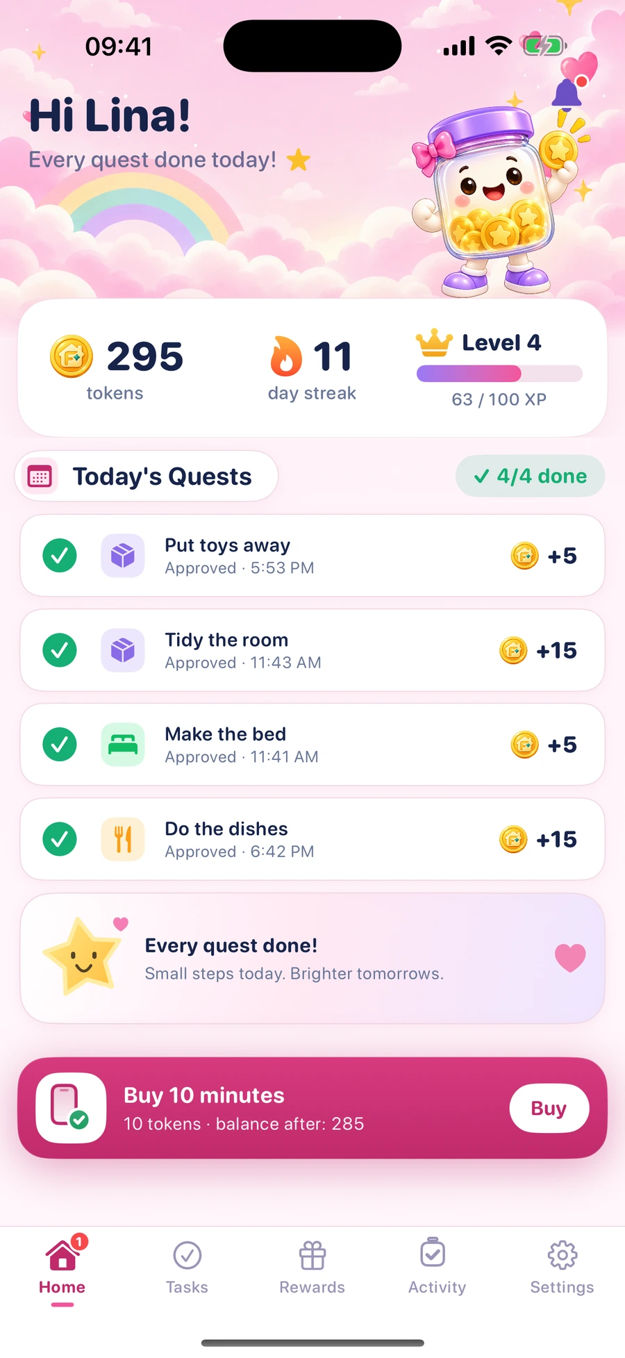 The real kids Home screen with Lina's demo data in the Dreamy theme