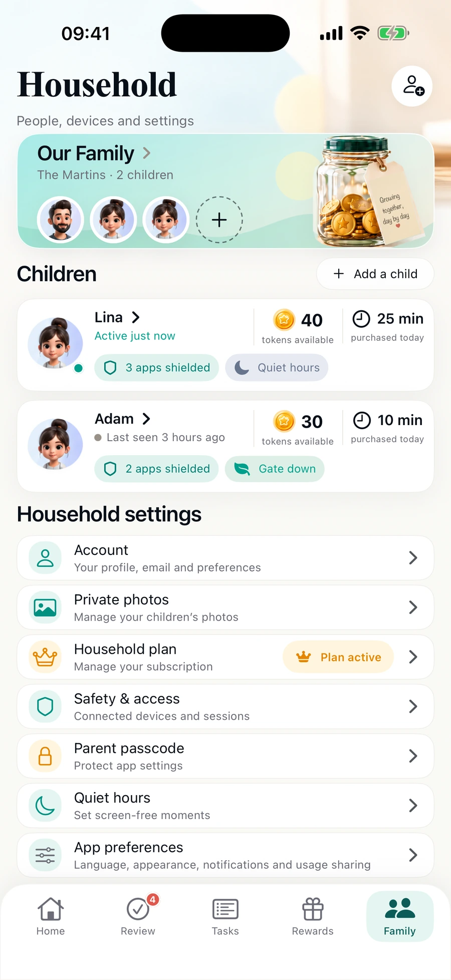 ProudJar parent Family screen with demo family data