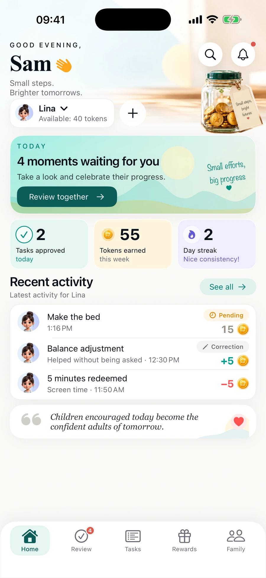 ProudJar parent Home screen with the demo family's tasks and progress