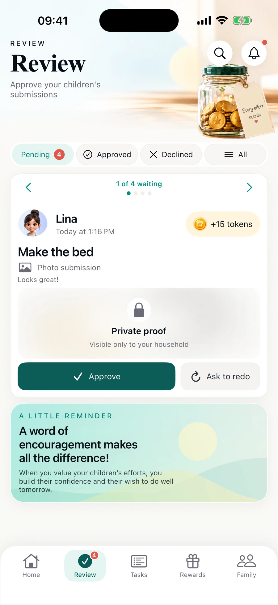 ProudJar parent Review screen with demo family data