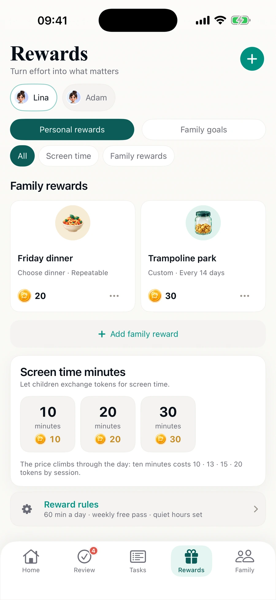 ProudJar parent Rewards screen with demo family data