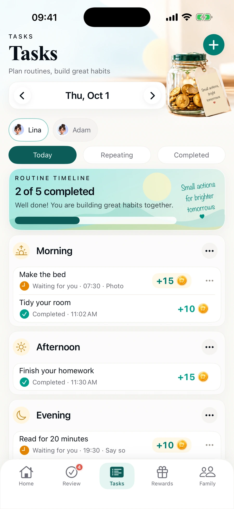 The real parent Tasks screen with demo routines